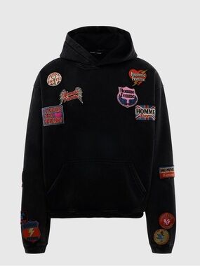 🆕 HOMME FEMME Hoodie Black Washed Embroidery Patchwork NWT